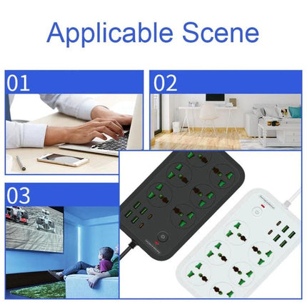 Flame-Retardant 2-Meter Extension Socket with USB Ports and Switch shown in home office, living room and entertainment setup