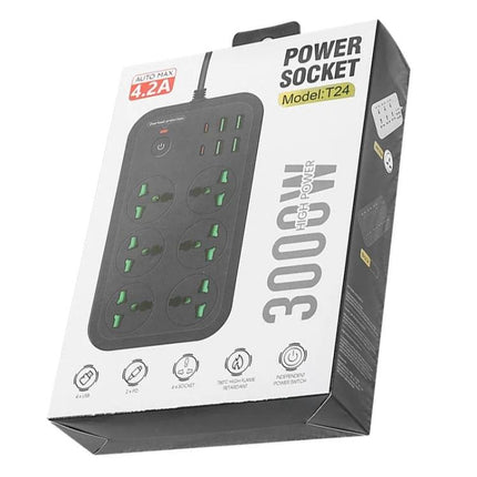 Flame-Retardant 2-Meter Extension Socket with USB Ports and Switch in retail box showing six outlets and USB charging ports