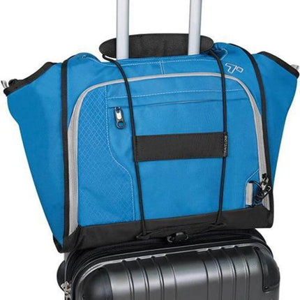 Lever Box Packing Belt For Luggage, Adjustable Strap securing a blue travel bag to a rolling suitcase with elastic buckle