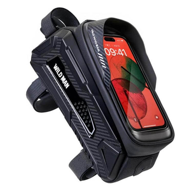 Wild Man Front Beam Bag For Mountain Bike Black Daily Rides - black TPU front beam phone pouch with touch-screen window and charging cable outlet