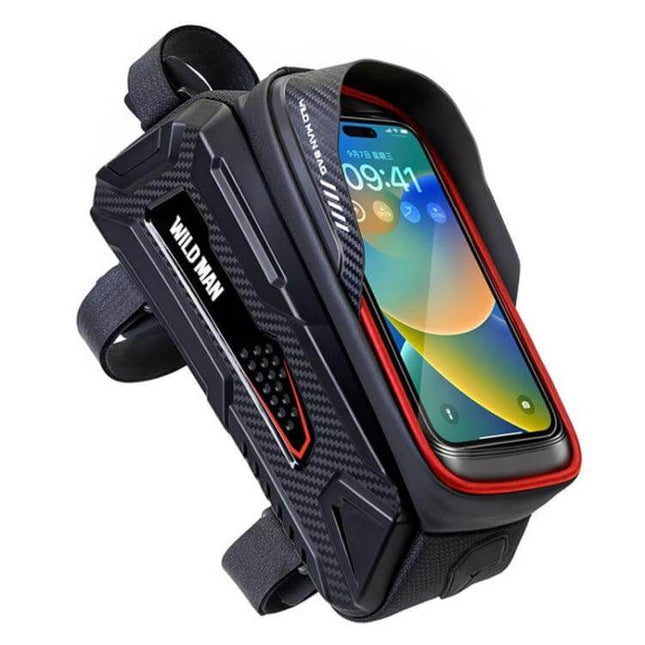 Wild Man Front Beam Bag For Mountain Bike Black Daily Rides compact black TPU front-beam phone bag with touchscreen window and charging outlet