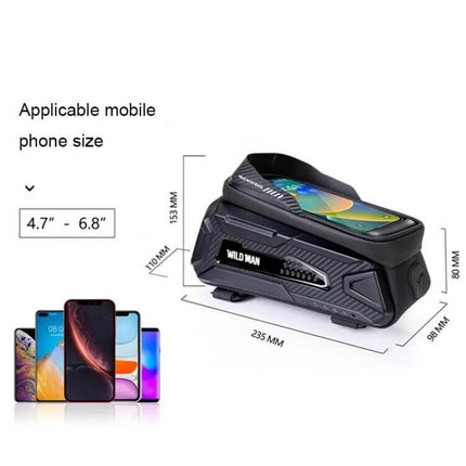Wild Man Front Beam Bag For Mountain Bike Black Daily Rides compact front beam phone bag with TPU touch window and charging outlet in black