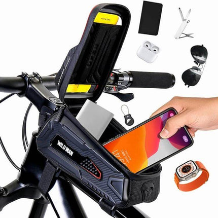 Wild Man Front Beam Bag For Mountain Bike Black Daily Rides - Black front beam bag with TPU phone window mounted on handlebar