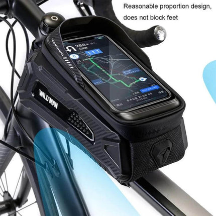 Wild Man Front Beam Bag For Mountain Bike Black Daily Rides – black front beam bag with TPU phone window mounted on bike