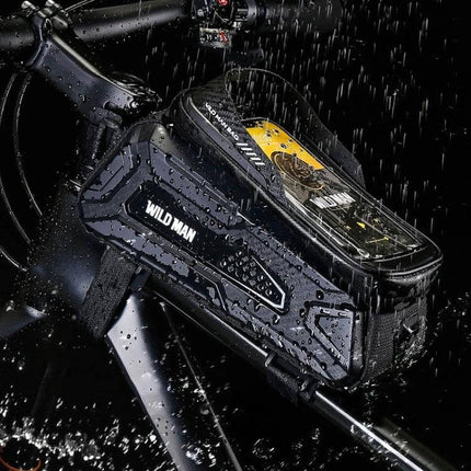 Wild Man Front Beam Bag For Mountain Bike Black Daily Rides mounted on bike front beam, waterproof TPU touch-screen window and cable outlet