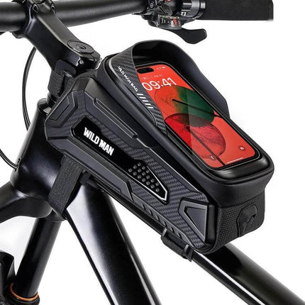 Wild Man Front Beam Bag For Mountain Bike Black Daily Rides mounted on bike frame with TPU phone window and charging outlet