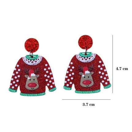 Christmas Elk Snowman Earrings Green For Holiday Wear - green acrylic reindeer sweater dangle earrings, lightweight festive holiday party accessory