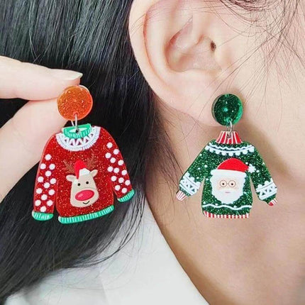 Christmas Elk Snowman Earrings Green For Holiday Wear - green glitter sweater holiday dangle earrings with elk and Santa motifs