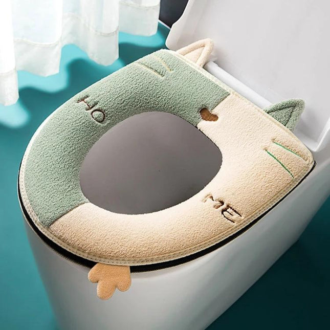 Soft Suede Toilet Seat Cover for Daily Bathroom Comfort - green beige cotton velvet cushioned toilet seat cover with secure fit