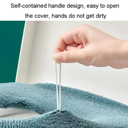 Cozy Knitted Toilet Cover for Daily Home Comfort showing hand pulling self-contained handle for easy installation