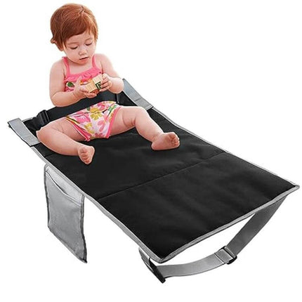 Kids Airplane Seat Extender Cushion 79 x 44 cm For Travel - black nylon waterproof pad with baby seated, straps and side pocket