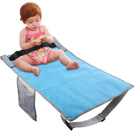 Kids Airplane Seat Extender Cushion 79 x 44 cm For Travel — blue waterproof pad with straps and mesh pocket supporting toddler on airplane seat