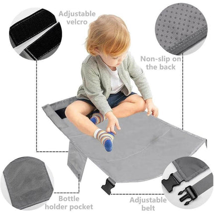 Kids Airplane Seat Extender Cushion 79 x 44 cm For Travel - gray waterproof nylon pad with non-slip back, adjustable straps and bottle pocket for kids