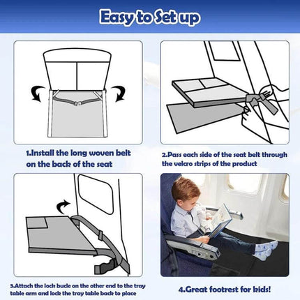 Kids Airplane Seat Extender Cushion 79 x 44 cm For Travel - illustrated setup steps showing belt attachment, tray table strap, and child using footrest
