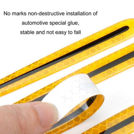 Reflective Safety Stickers for Car Doors and Mirrors, 8-Piece Set - close-up of yellow PET reflective strips being peeled and installed on car surfaces