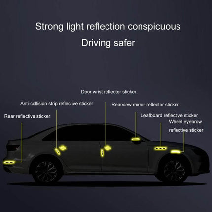 Reflective Safety Stickers for Car Doors and Mirrors, 8-Piece Set - PET reflective stickers shown on car doors, mirrors, rear and wheel areas for night visibility