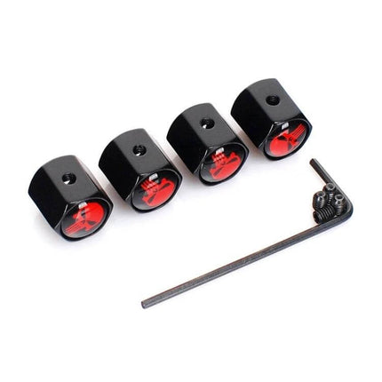 Skull Anti Theft Valve Cap Set For Car Chrome Finish - black chrome skull tire valve caps with hex design and installation key
