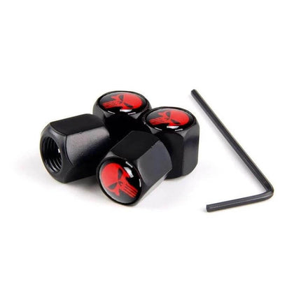 Skull Anti Theft Valve Cap Set For Car Chrome Finish - black skull valve caps with red skull emblem and locking hex key, waterproof rustproof protection