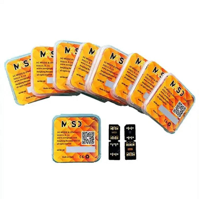 MKSD Ultra 5G Unlock SIM Card for iPhone Travel and Switching showing multiple packaged SIM adapters and cards for easy carrier switching