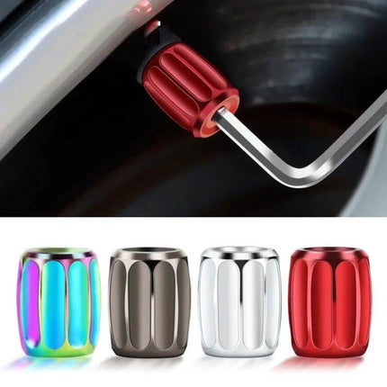 4-Pack Metal Anti-Theft Tyre Valve Core Caps, Multicolor metal anti-theft valve caps shown attached to wheel and four multicolor finishes