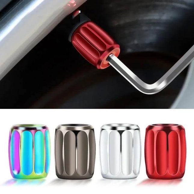 4-Pack Metal Anti-Theft Tyre Valve Core Caps, Multicolor metal anti-theft valve caps shown attached to wheel and four multicolor finishes