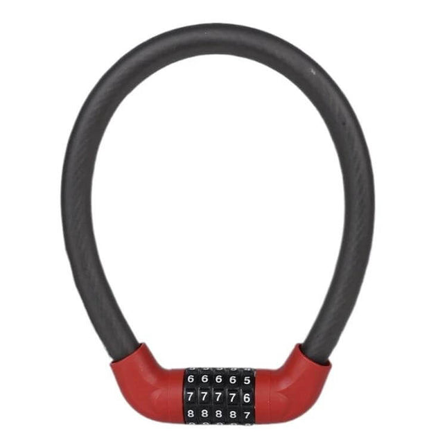 5-Digit Bicycle And Electric Vehicle Lock 40 X 1.72cm keyless 5-digit combination cable lock with red ABS casing and weather-resistant black PVC sleeve