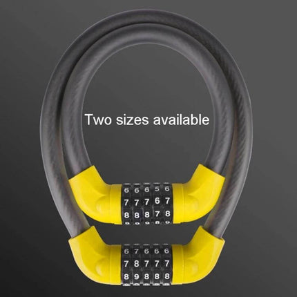 5-Digit Bicycle And Electric Vehicle Lock 40 X 1.72cm black cable lock with 5-digit combination and yellow ABS ends, shown in two sizes