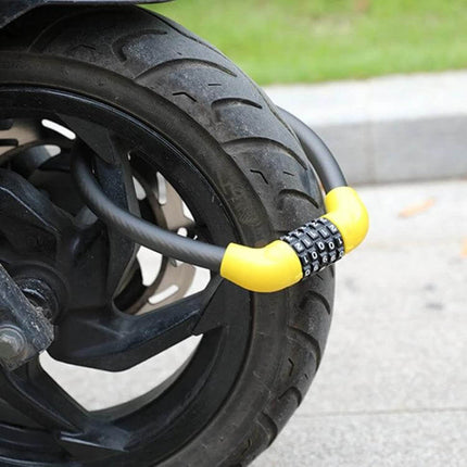 5-Digit Bicycle And Electric Vehicle Lock 40 X 1.72cm secured around motorcycle wheel with yellow 5-digit combination lock