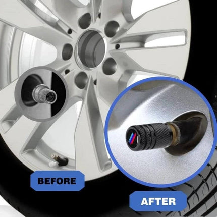 Aluminium Alloy Checkered Tricolour Car Wheel Valve Cap For Tires on car wheel showing before and after protective aluminium alloy valve cap