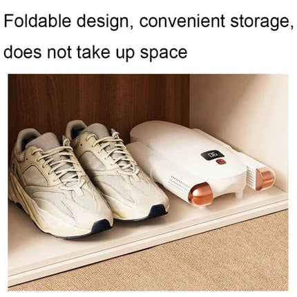 Purple UV Sterilizing Shoe Dryer With 360 Degree Hot Air shown folded next to sneakers for compact storage and odor‑reducing UV drying