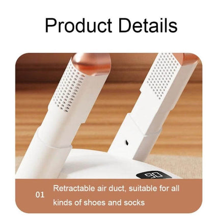 Purple UV Sterilizing Shoe Dryer With 360 Degree Hot Air showing retractable 118‑hole air duct and 360° hot air vents for drying shoes and socks