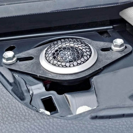 2-Piece Universal Car Audio Tweeter Bracket for Front Door mounted in car front door showing plastic bracket and tweeter grill