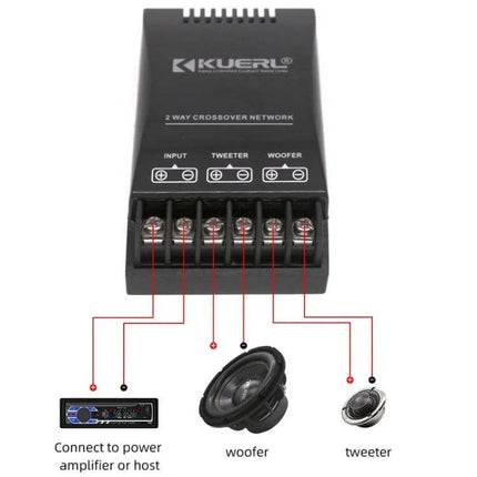 KUERL 2 Way Car Audio Frequency Divider Universal Crossover Filter showing screw-terminal inputs and labeled output wiring to woofer and tweeter