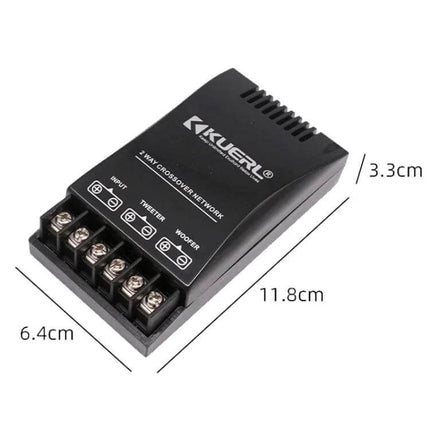 KUERL 2 Way Car Audio Frequency Divider Universal Crossover Filter - compact 2-way crossover module with screw-terminals for tweeter and woofer, dimensions shown