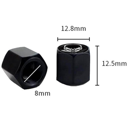Skeleton Metal Tire Valve Caps For Cars 4 Piece Set - black zinc alloy skull design valve caps with dimensions 12.8mm x 12.5mm for standard 8mm stems