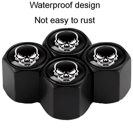 Skeleton Metal Tire Valve Caps For Cars 4 Piece Set - black zinc alloy skull valve stem caps, waterproof corrosion resistant protection