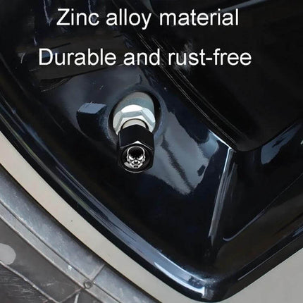 Skeleton Metal Tire Valve Caps For Cars 4 Piece Set - zinc alloy skull valve cap fitted on car wheel stem, durable rust-free protection