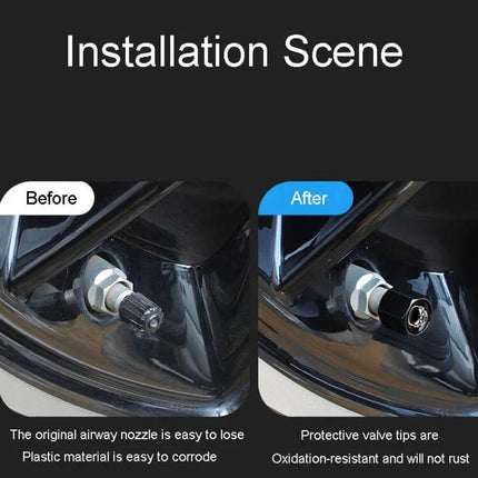 Skeleton Metal Tire Valve Caps For Cars 4 Piece Set installed on car tire valve stem showing before and after protection