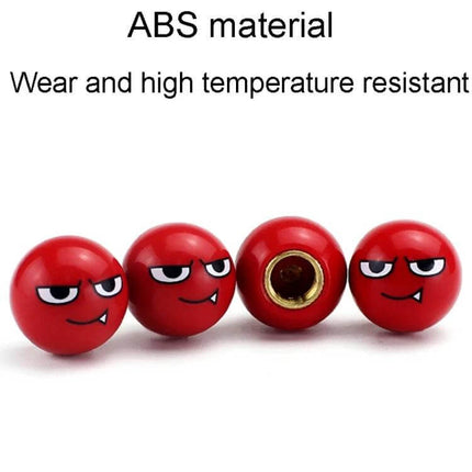 Devil Ball Tire Valve Caps 4 Pack For Cars And Trucks - red ABS housing with copper core, four devil-face valve caps protecting stems from dirt and corrosion