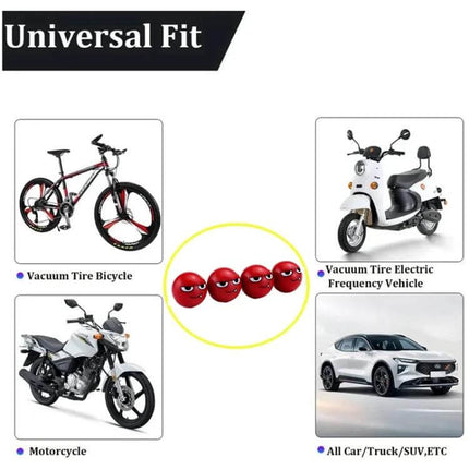 Devil Ball Tire Valve Caps 4 Pack For Cars And Trucks image showing universal fit for bicycles, motorcycles, scooters and cars protecting valve stems