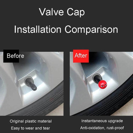 Devil Ball Tire Valve Caps 4 Pack For Cars And Trucks valve cap before and after installation showing durable ABS with copper core red devil ball upgrade