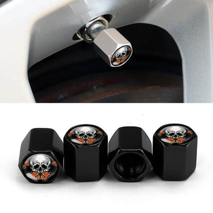 Skull Metal Tire Valve Caps Set of 4 Universal Aluminum installed on wheel showing skull design and aluminum alloy construction
