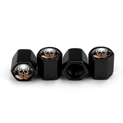 Skull Metal Tire Valve Caps Set of 4 Universal Aluminum black octagon skull design valve stem caps, durable aluminum alloy, set of 4, universal fit
