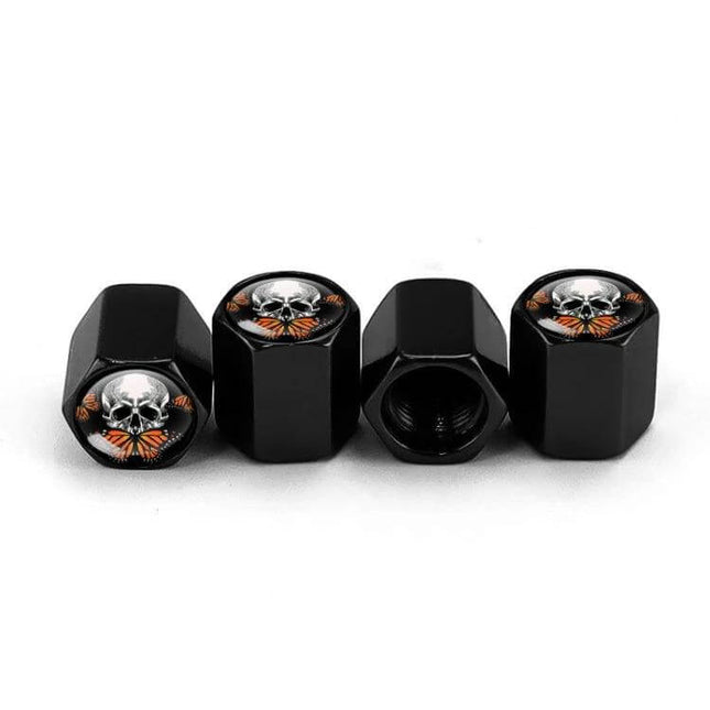 Skull Metal Tire Valve Caps Set of 4 Universal Aluminum black octagon skull design valve stem caps, durable aluminum alloy, set of 4, universal fit