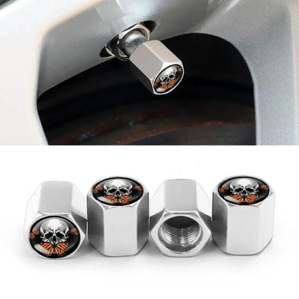 Skull Metal Tire Valve Caps Set of 4 Universal Aluminum on car wheel, aluminum alloy skull design protecting Schrader valve stems