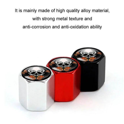 Skull Metal Tire Valve Caps Set of 4 Universal Aluminum - set of three alloy skull valve caps in silver red and black, anti-corrosion