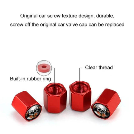 Skull Metal Tire Valve Caps Set of 4 Universal Aluminum red aluminum skull valve caps with built-in rubber ring and clear thread, set of 4