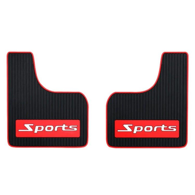 Set of 2 Car Mud Flaps with Sports Design for Splash Protection - black rubber mud flaps with red piping and 'Sports' logo