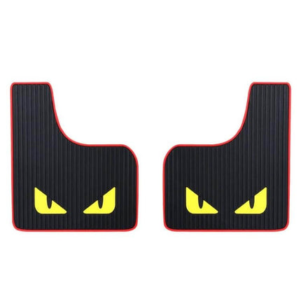 Set of 2 Car Mud Flaps with Sports Design for Splash Protection - black ribbed mud guards with yellow angry-eye graphic and red trim