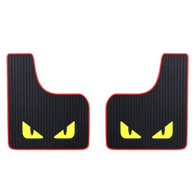 Set of 2 Car Mud Flaps with Sports Design for Splash Protection - black ribbed mud guards with yellow angry-eye graphic and red trim